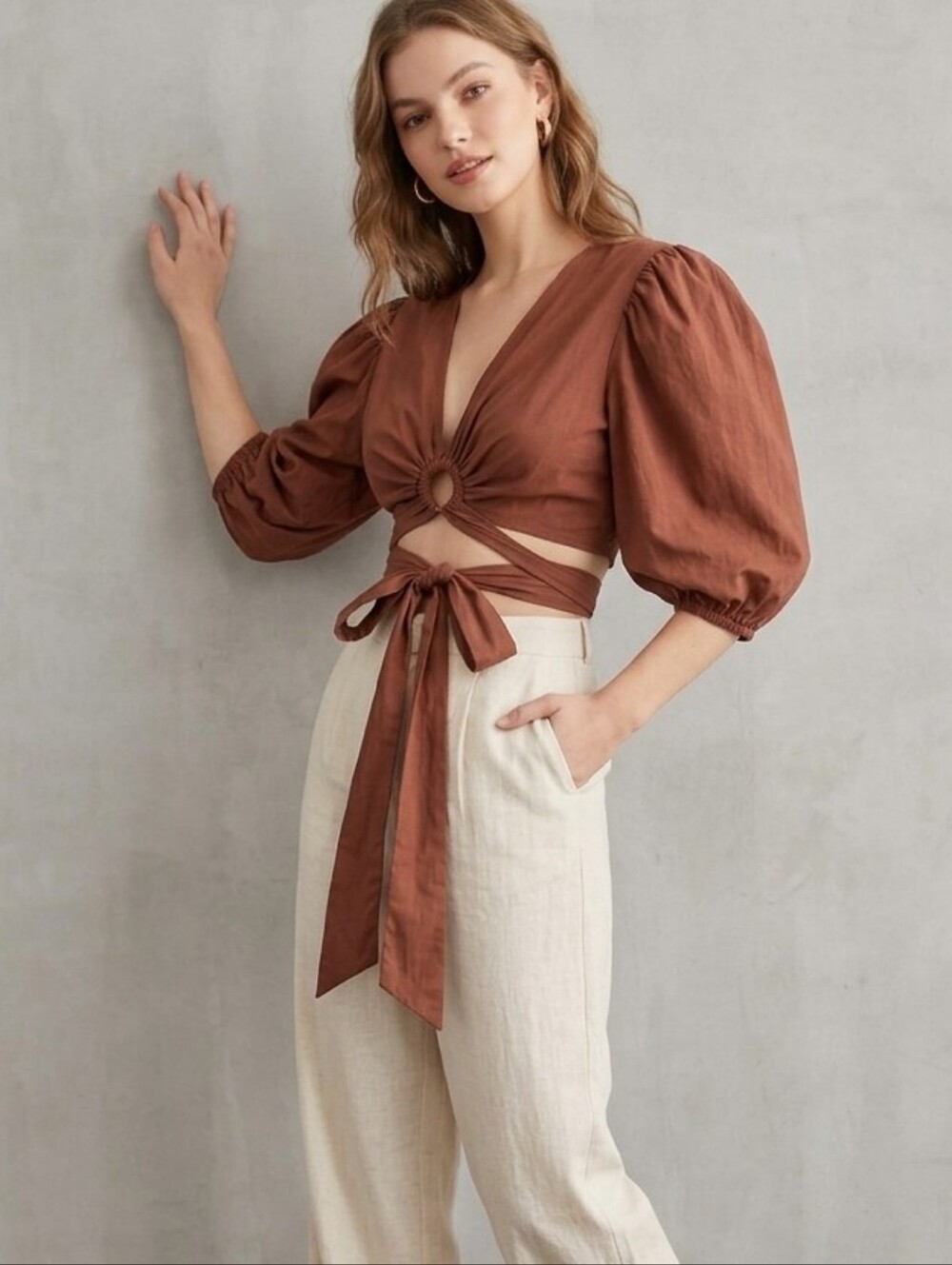 NEVER WORN Live 4 Truth Rust Dark Brown Tie-Front Puff Sleeve Top Blouse Top XL